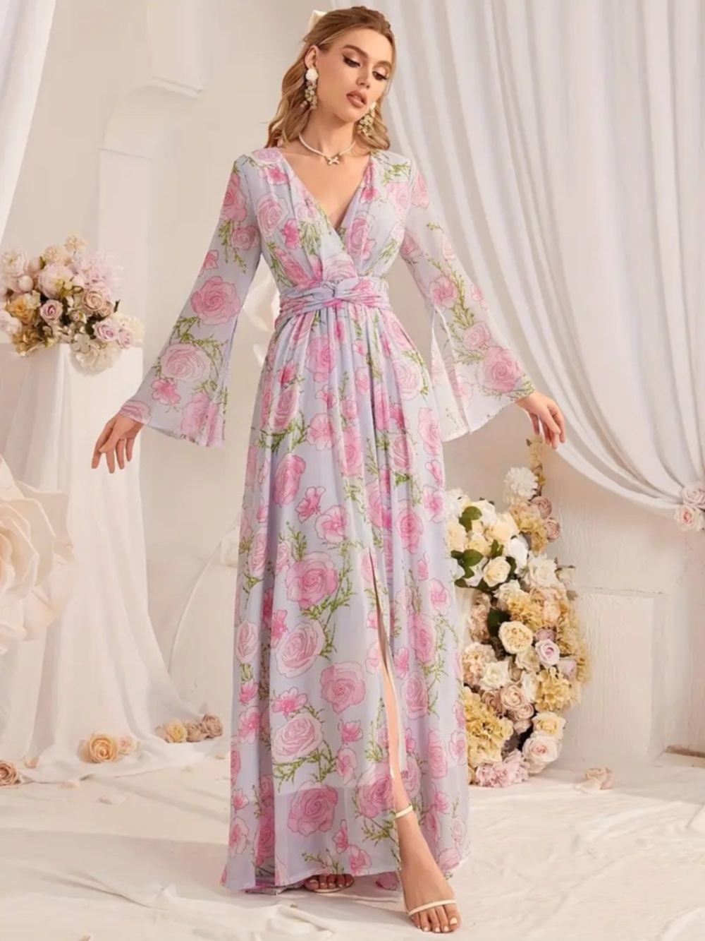 Toleen light blue long-sleeve maxi dress with a pink rose floral print sz M-L
